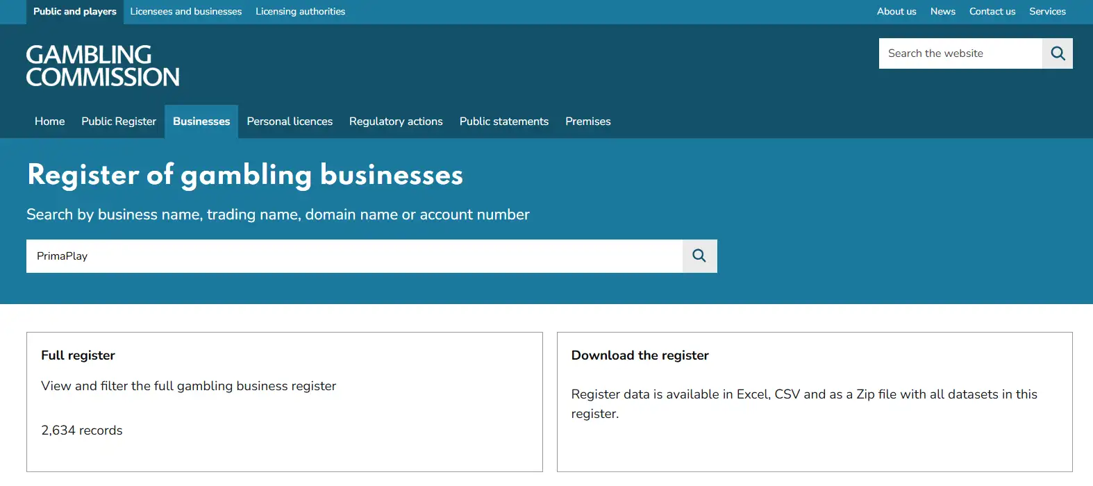 UK Gambling Commission business register search interface